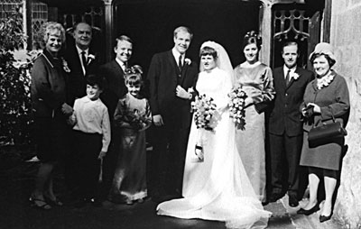 Left to right, Violet Loffman and Arthur Loffman (Bridegroom's parents), James Fisher, Dennis Phillips (Best Man), Kay Fisher (Bridesmaid), David William Loffman, Margaret Ann (Ganderton) Loffman, Julia Christine Ganderton (Bridesmaid and Brides sister) Sidney Ralph Ganderton and Mabel Lloyd (Hayward) Ganderton (Brides parents).