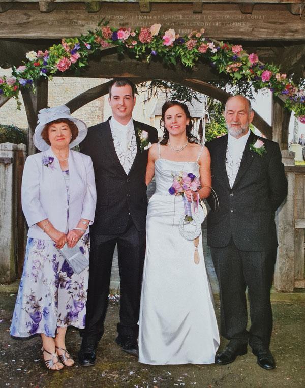 Alec and Julia (Alderson) Brazier after their wedding, at St. Michael's, Onibury, Shropshire.