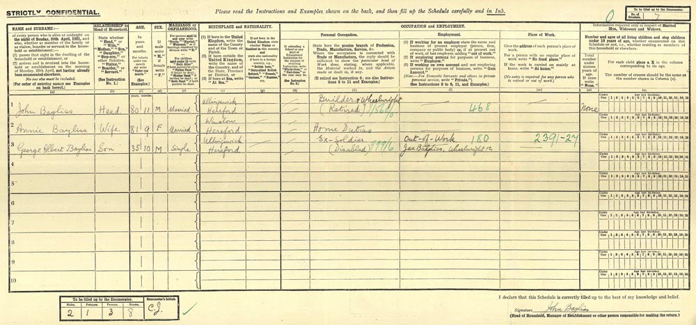 1911 Census - John Bayliss