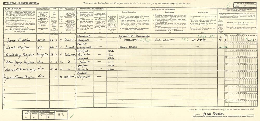 1911 Census - James Bayliss