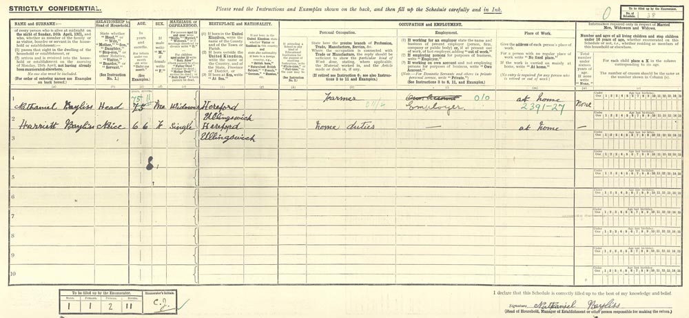 1911 Census - Nathaniel Bayliss