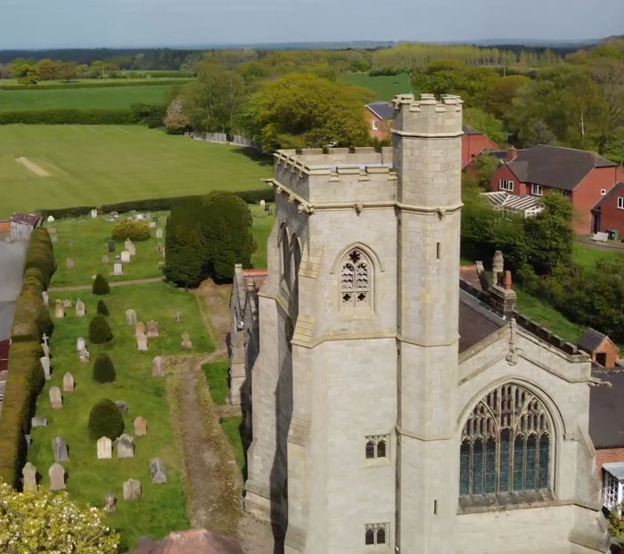 Aerial photo of Holly Trinity Church at Calverhall.