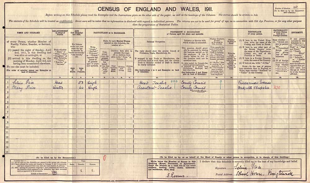 1911 Census - Selina Price R.G. 12/2323