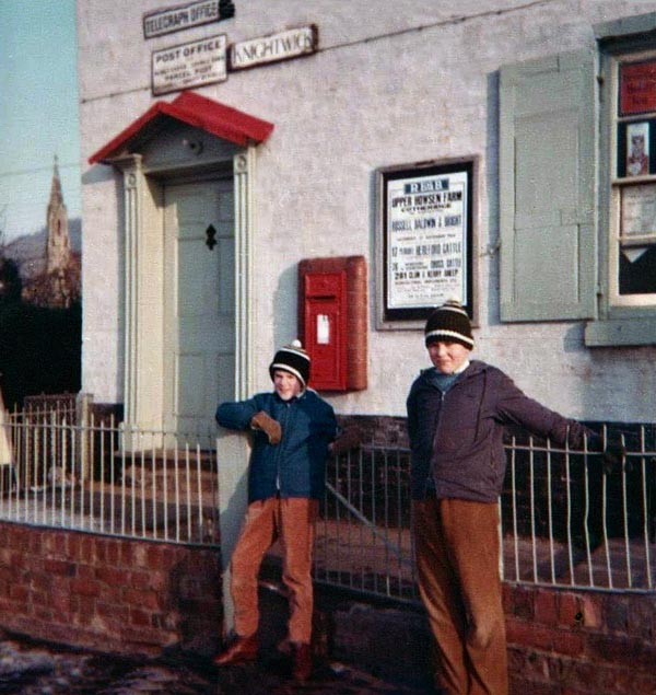 Patrick & Timothy Parsons - outside the Post Office, Knightwick.n motorbike with sidecar.